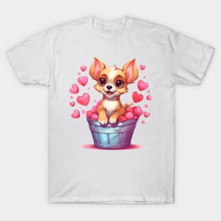 Cartoon Chihuahua Dog in Hearts Basket T-Shirt